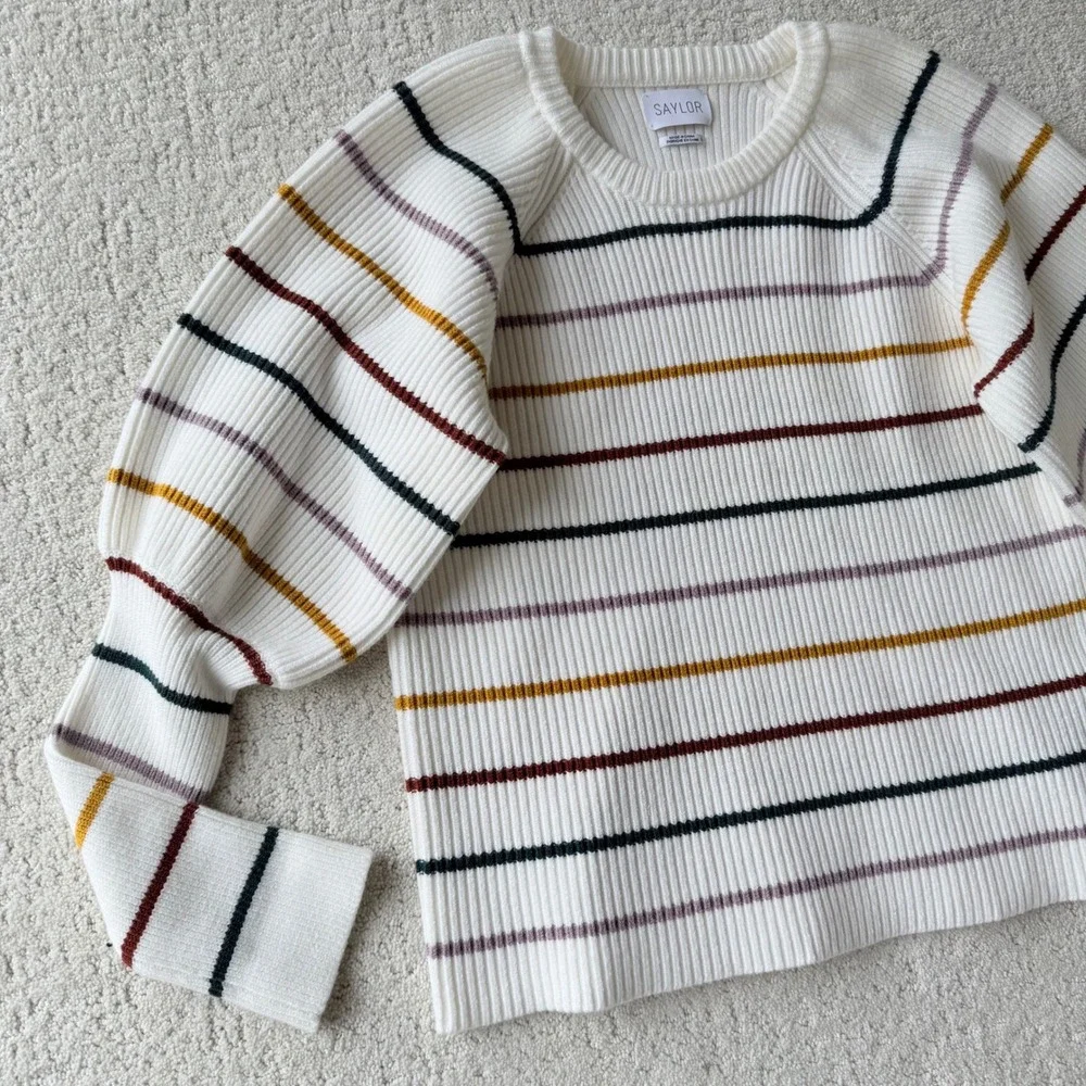 SAYLOR Keane Puff Sleeve Striped Knit Sweater‎ Cream Size L